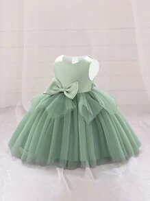 Baby Girl Tulle Dress With Bow Decor Waist, Elegant And Dress Suitable For Birthday Party, Does Not Include Headwear