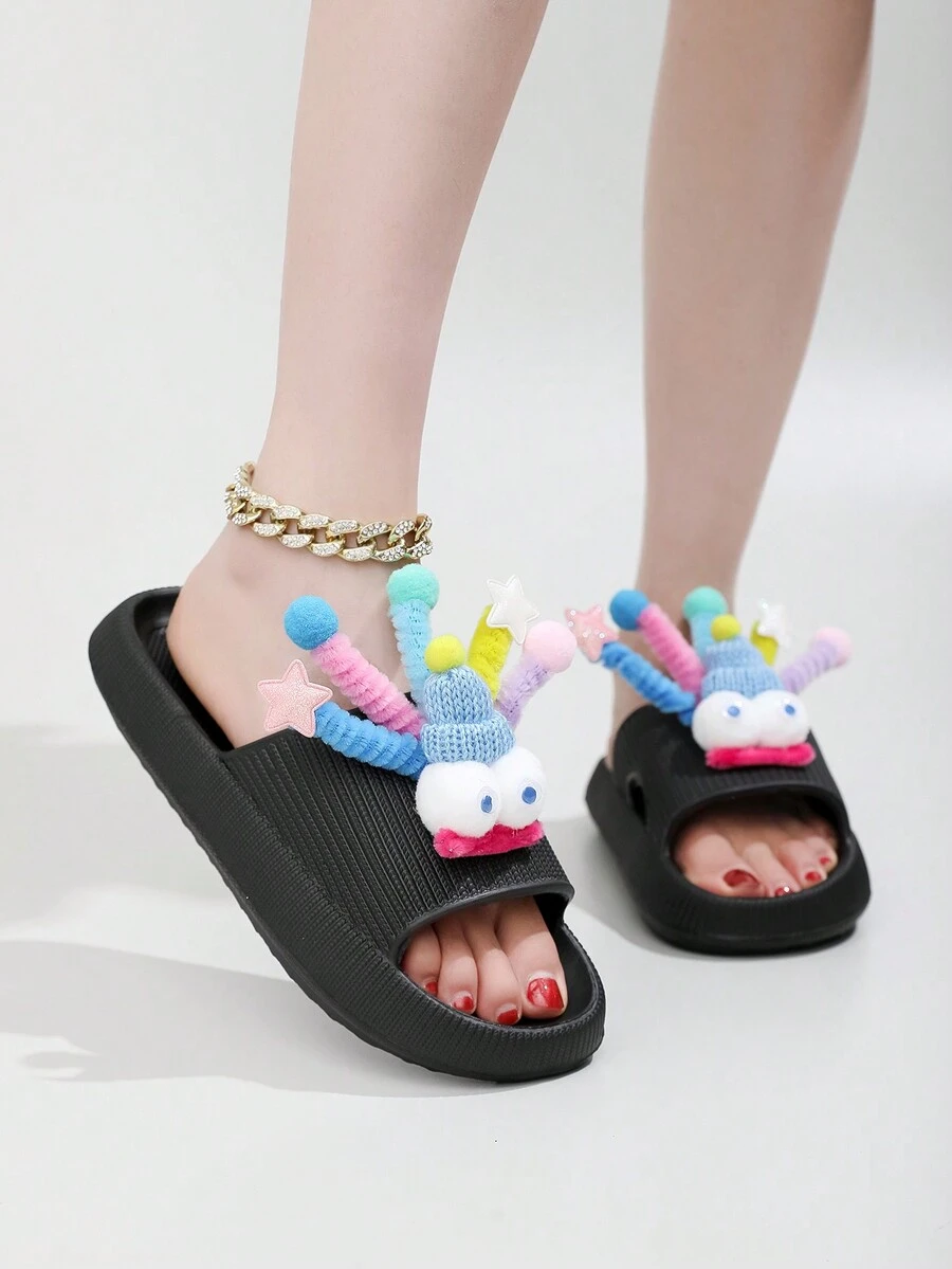 2024 Hàng Mới Của phụ nữ Dày Đế Mây Dép đi trong nhà , Plush dễ thương Búp bê Thiết kế , Bằng phẳng EVA Của phụ nữ Dép đi trong nhà , Ngày lễ tình nhân Qủa tặng - màu đen - Xem 1