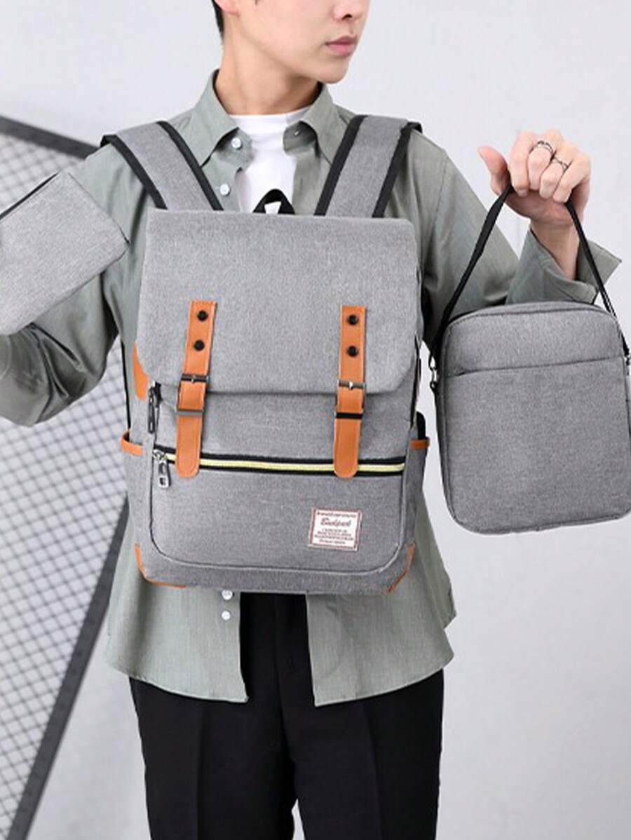15.6英寸時尚簡約商務休閒電腦背包,大容量,通勤兼容,多功能3入男士肩袋套裝 - 灰色 - 查看 1