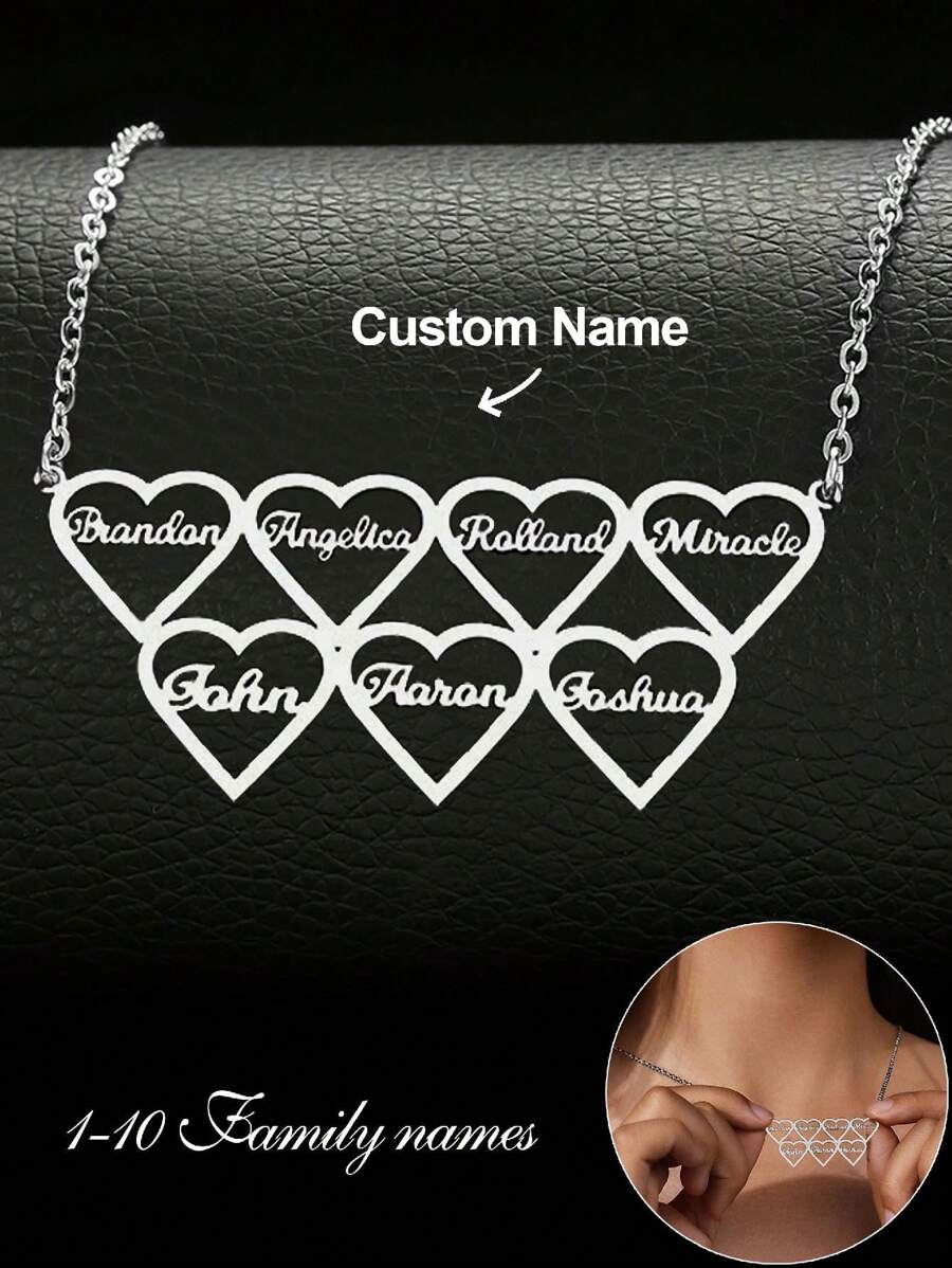 1 pieza Collar personalizado con corazón con nombre de familia, se puede personalizar con 1-10 corazones con nombres de miembros de la familia, adecuado como regalo para el Día de la Madre, San Valentín, Graduación, Día de la Familia, Boda para mamá, novia, hermana, amiga - Plateado - Ver 1