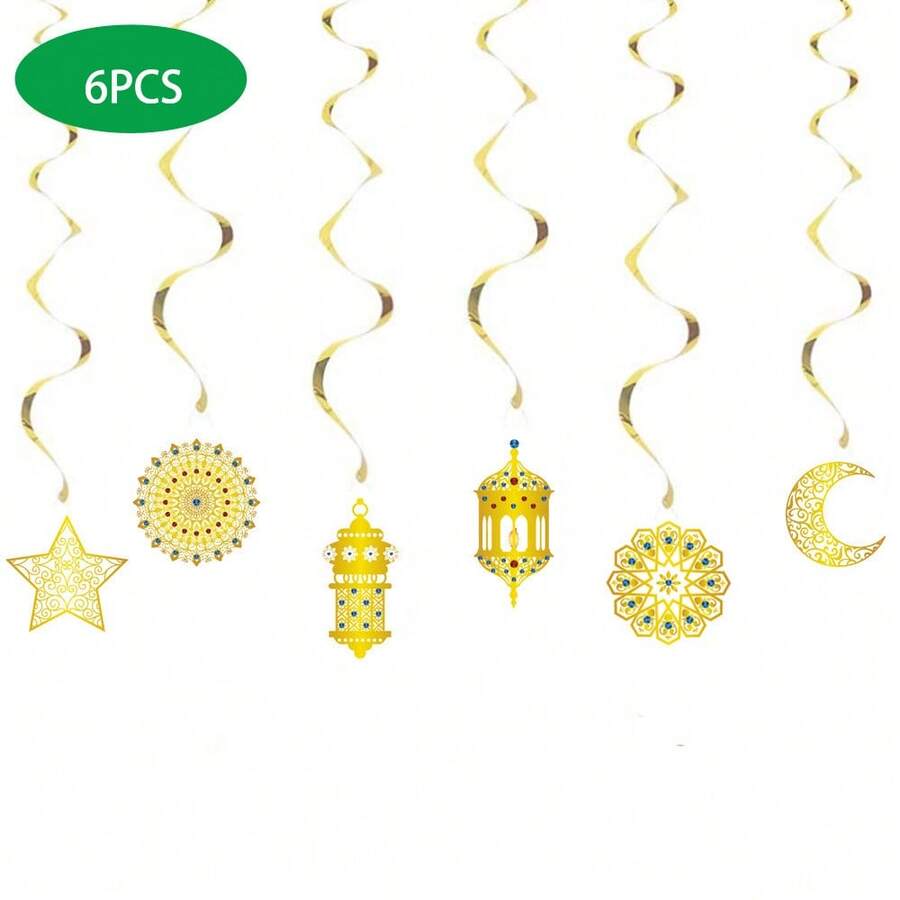 6 cái/gói & Đồ trang trí Vàng Xoắn ốc Treo Vật trang trí Với Mặt trăng Và Thiết kế ngôi sao - Vàng - Xem 1