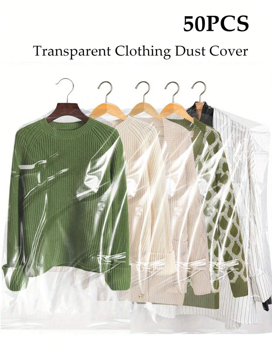 50 pezzi buste in plastica trasparente per lavaggio a secco, buste antipolvere per appendere gli abiti, adatte per uso domestico e negozio (60*90cm, 60*100cm, 60*120cm) (appendini non inclusi), organizer per scuola, insegnanti e studenti, organizer per armadi e cassetti, per camere da letto e armadi, per appendere vestiti, abiti, camicie e cappotti - Trasparente - Visualizzare 1