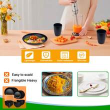 16 Piece Kitchen Wheat Straw Dinnerware Set, Service For 4, Dinner Plates, Dessert Plate, Cereal Bowls, Cups, Unbreakable Plastic Outdoor Camping Dishes, Black - 黑色 - 查看 4