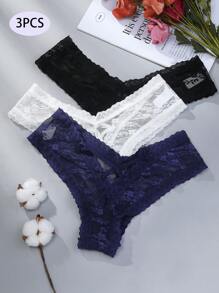 3pcs/Set Women's Lace Hollow Out Flower Design Sexy Thongs Lingerie
