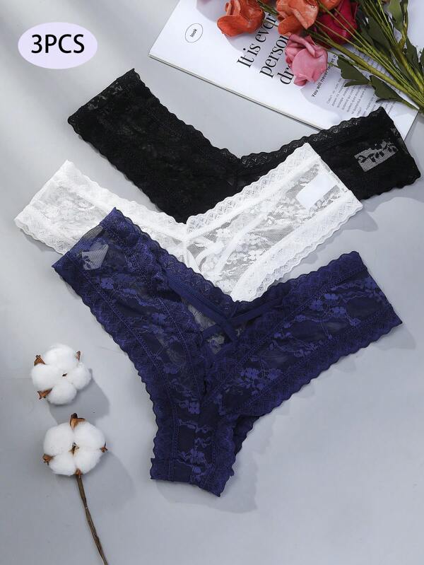 3pcs/Set Women's Lace Hollow Out Flower Design Sexy Thongs Lingerie