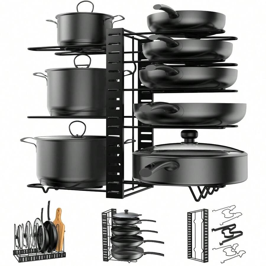 Organizador de ollas y sartenes para gabinete, Estante para ollas ajustable de 8 niveles con 3 métodos de bricolaje, Organizador de tapa de olla para mostrador de cocina y gabinete - Negro - Ver 1