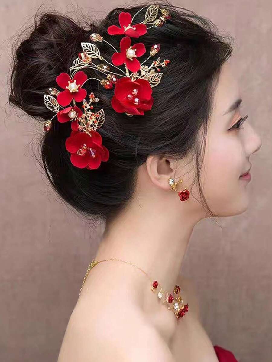 1 件新娘发饰，传统风格秀麦头带，中式旗袍礼服发夹，婚礼用，红色，照片发型侧夹头饰情人节 - 彩色 - 查看 1