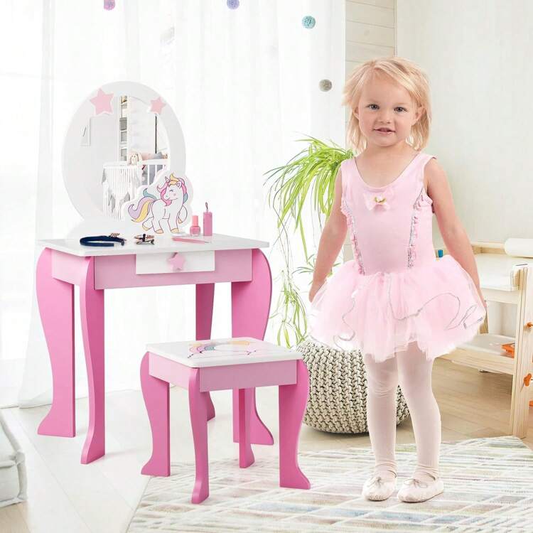 Children's Dressing Table With Stool & Removable Mirror & Drawer, Dressing Table Made Of MDF Wood, Cosmetic Table With Hair Band & Hair Clip, Fairytale Ornaments, For Girls Aged 3 And Over (Pink) - Pink - View 3