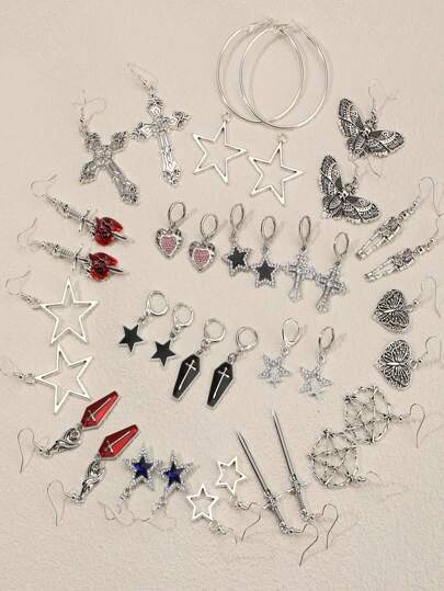 Juego de 6 Pendientes de estilo gótico vintage para mujeres con grandes estrellas, cruces, calaveras, corazones, mariposas, polillas, ataúdes, esqueletos de murciélagos y espadas, algunos con adornos de rhinestones para San Valentín