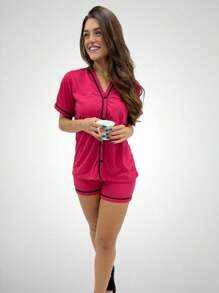 Women Pajama Sets - 玫紅色 - 查看 1