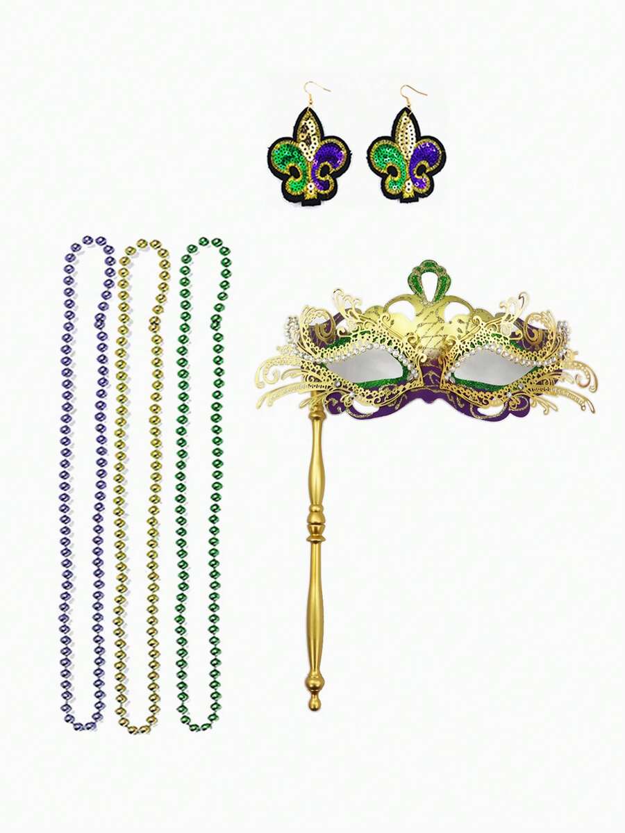 3pcs/Set Carnival Costume Set With Stick Mask, Necklace, Festival Party Performance Dress Up Props - Multicolor - View 1