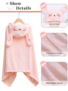 Toalla De Baño Con Capucha Para Bebés Y Niños Con Diseño De Aplique De Conejo De Dibujos Animados, Poncho Estilo Capa Con Textura De Onda, Albornoz Portátil - Rosa - Ver 3