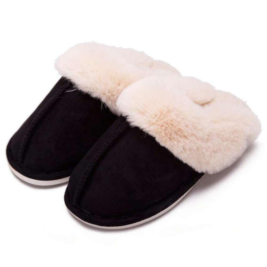 Womens Slippers Fluffy Cozy Fashion Slippers Warm Soft House Slippers - Đen và trắng - Xem 1