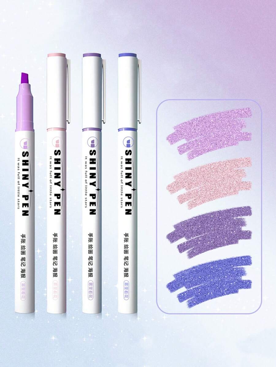 4pcs/set Violet Glitter Highlighter Pen & Colorful Marker Pen For