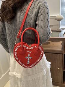 1 件 PU 材质文艺个性字母装饰时尚百搭心形手提包适合女性日常工作、约会和情人节礼物