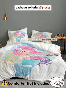 3pcs Cute Mermaid Polyester Comforter Cover Set - Soft And Cozy Pink Bedding For Bedroom And Dorm Room (1 Comforter Cover + 2 Pillowcase, Without Core) - Multicolor - View 3