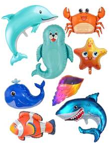 Set de 8 globos de animales marinos, decoraciones de fiesta de animales del mar, globos de aluminio de leones marinos, tiburones, peces y cangrejos grandes para fiestas de cumpleaños con temática marina, decoraciones para baby shower - Multicolor - Ver 1