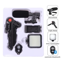 Kit Vlog Live Tripé Youtuber Celular Suporte Led E Microfone - Preto - Visão 6