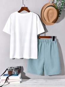 Vihyde Tween Boy Coconut Tree Ombre Striped Print Round Neck Short Sleeve T-Shirt & Shorts Set, Casual Holiday Outfit - Mint Blue - View 3