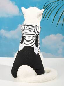 1pc Black & White Striped Pet Suspender Pants, Hooded Jumpsuit Outfit For Small Dogs & Cats - Black and White - View 3