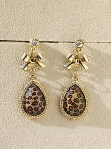 2 件韓式豹紋金屬淚珠領結吊墜耳環,3 種顏色可選,時尚百搭女士首飾