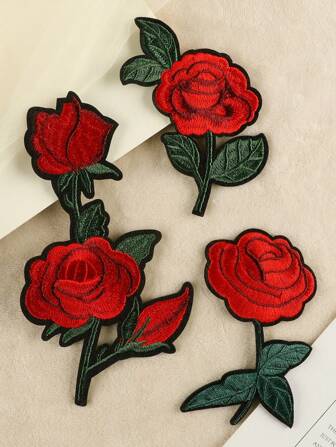1set/3pcs Embroidered Rose Patches For Clothing, Hat, Bag Diy Iron-On Applique