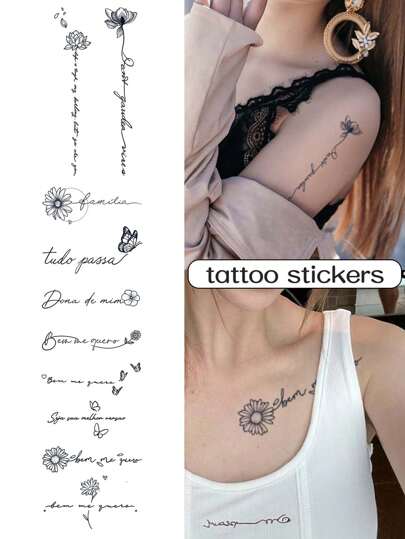 1入組3張英文詩篇紋身貼紙,防水持久,適用於女孩手臂和鎖骨位置