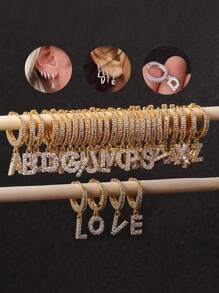 1對歐美風格銅材料的圈形耳環,附有cz寶石字母吊墜,適合女士用作節日禮物 - 金黃色 - 查看 2