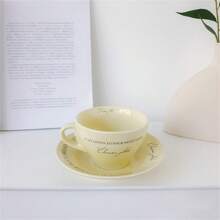 1 Conjunto De 350ml Chique Retrô Alfabeto Francês Creme Amarelo Verde Cerâmica Xícara De Café E Pires Prato De Sobremesa De Oito Polegadas