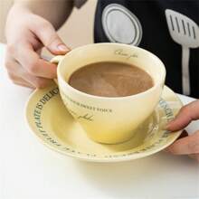 1 Conjunto De 350ml Chique Retrô Alfabeto Francês Creme Amarelo Verde Cerâmica Xícara De Café E Pires Prato De Sobremesa De Oito Polegadas
