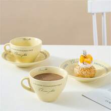 1 Conjunto De 350ml Chique Retrô Alfabeto Francês Creme Amarelo Verde Cerâmica Xícara De Café E Pires Prato De Sobremesa De Oito Polegadas