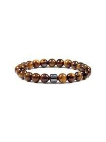 1pc 8mm Natural Black Agate Beaded Elastic Bracelet, Adjustable Unisex - Multicolor - View 18