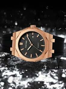 Men's Silicone Strap Quartz Wristwatch With Large 12-Sided Dial, Casual Sports Waterproof Fashion Watch - Rose Gold - View 2