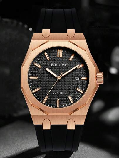 PINTIME Men's Silicone Strap Quartz Wristwatch With Large 12-Sided Dial, Casual Sports Waterproof Fashion Watch