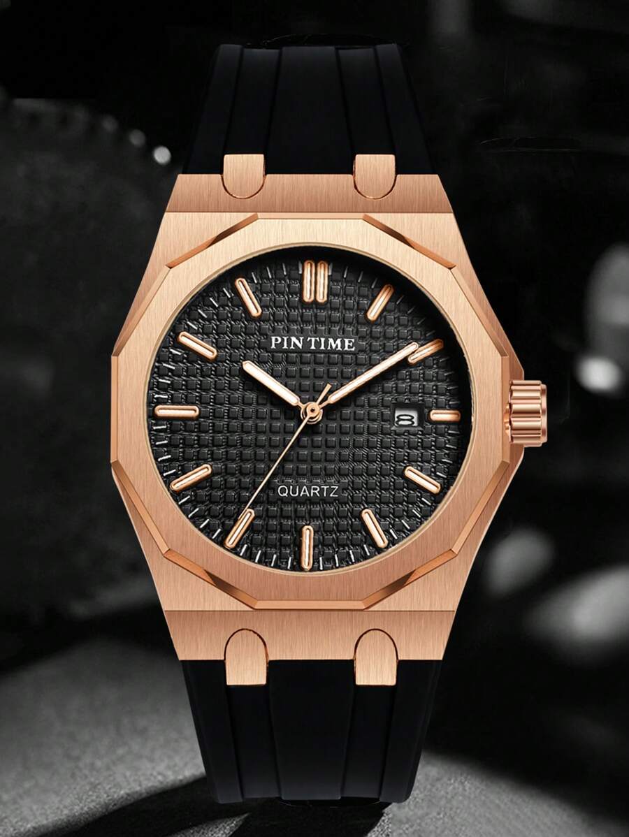 Men's Silicone Strap Quartz Wristwatch With Large 12-Sided Dial, Casual Sports Waterproof Fashion Watch - Rose Gold - View 1