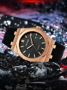 Men's Silicone Strap Quartz Wristwatch With Large 12-Sided Dial, Casual Sports Waterproof Fashion Watch - Rose Gold - View 5