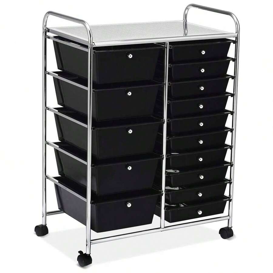 Trolley With 15 Stackable Drawers, Drawer Trolley, Choice Of Colours, Side Trolley, Household Trolley, Roll Container, Bathroom Trolley, Bathroom Trolley, Bathroom Shelf (Black). - Black - View 1