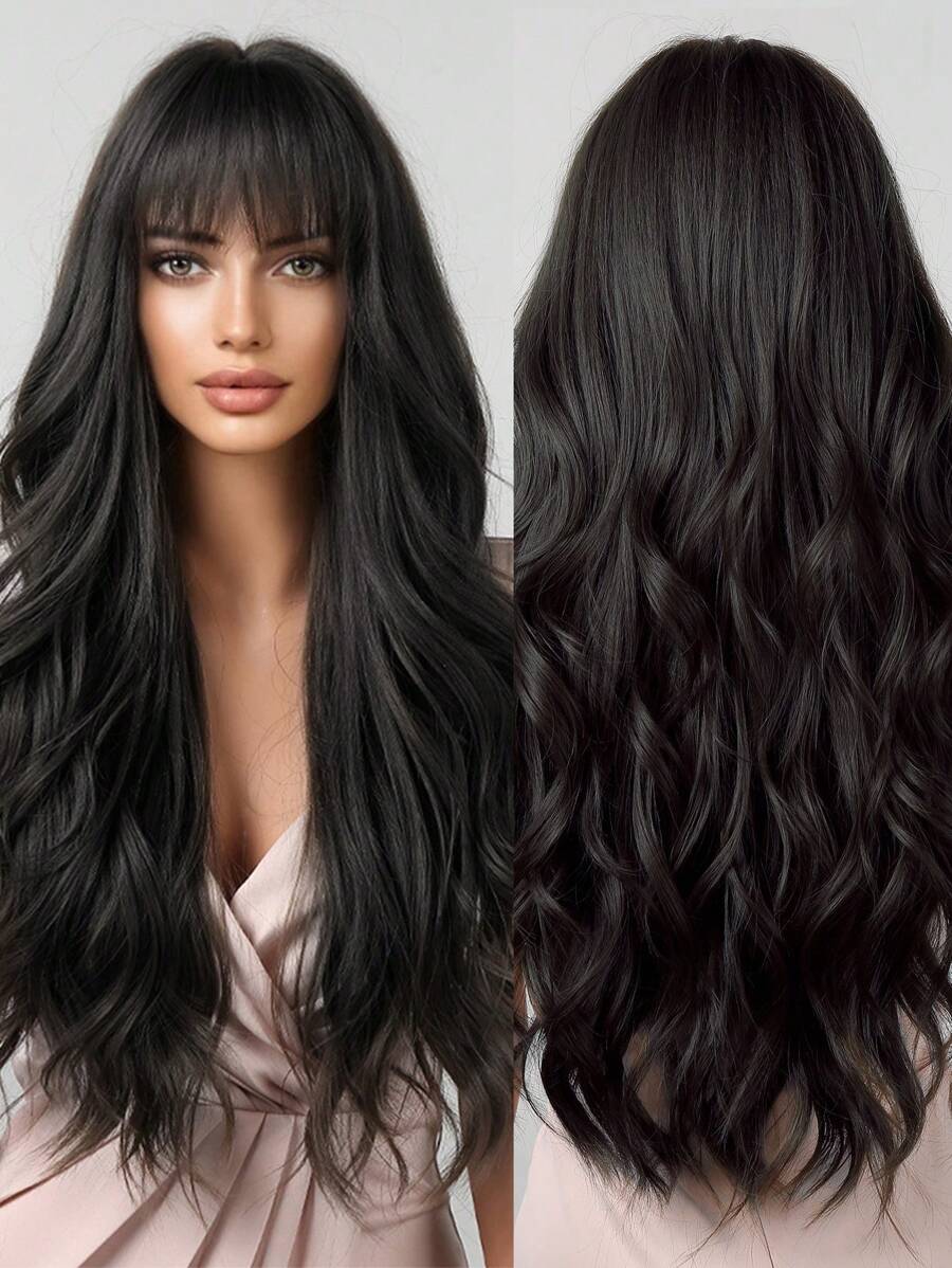 Brown Wavy Wigs For Women With Bangs Long Natural Synthetic Hair Wig Daily Cosplay Heat