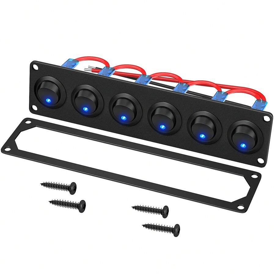 1 pieza PN-R6-101EN-BL Panel de interruptor basculante de 6 grupos, panel de interruptor basculante redondo de 12V con 3 clavijas, luz LED azul, 12 voltios, 20A, SPST Encendido-Apagado, para barco marino, automóvil, UTV, camión, autocaravana - Azul - Ver 1