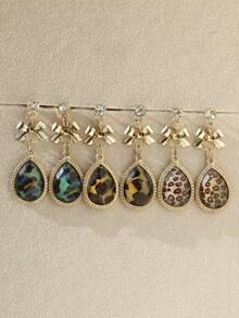 2 件韓式豹紋金屬淚珠領結吊墜耳環,3 種顏色可選,時尚百搭女士首飾