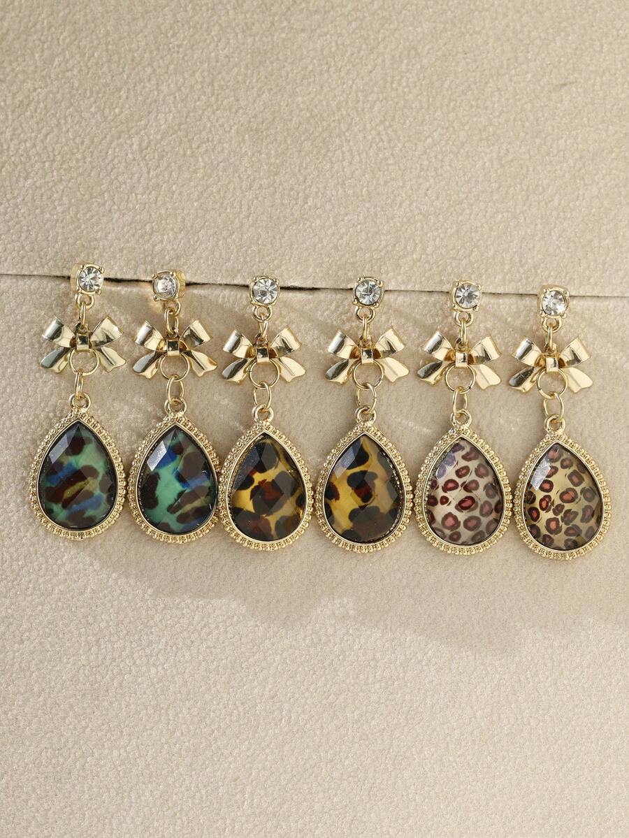 2 件韓式豹紋金屬淚珠領結吊墜耳環,3 種顏色可選,時尚百搭女士首飾