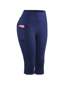 3pcs/Set Plus Size Pocket Printed Yoga Pants, High Waist Fitted Slimming Workout Leggings Capri Pants