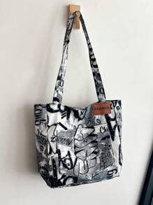 New Fashionable Graffiti Print Foldable Tote Bag With Large Capacity For Women, Suitable For Daily Work, Casual Use, Date, Gift, College Students Backpackback To School,Classic Casual, Suitable For Teen Girls Women College StudentsOutdoors, Travel, Outings, Tote Bags For School - Black - View 6