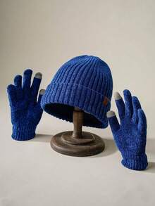 2pcs Gray Unisex Ski Hat Set With Shield Pattern Label Knitted Hat And Gloves, Suitable For Daily Outing In Winter For Warmth And Casual Style - Grey - View 7