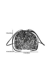 1 件抽绳封口 PVC 闪亮时尚个性化水桶包，配有可拆卸肩带，适合女士日常穿着/派对使用/宴会，珠子材质，时尚斜挎包、手提包、抽绳包 - 銀色 - 查看 8