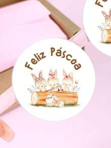 100 Adesivos De Papel 4cm "Feliz Páscoa coelhos fofos" Para Decorar Embrulhos Presentes e Pacotes de páscoa - Multicolorido - Visão 2