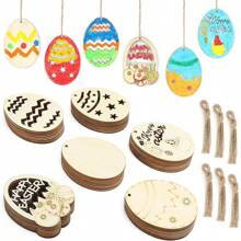 10pcs Paintable Wooden Easter Egg Ornaments (Includes Jute Rope & 6 Random Color Watercolor Pens), DIY Crafts Decoration, Suitable For Holiday Hunt Party, Painted Bunny Egg Wood Pendant