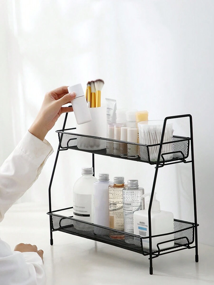 1 Pieza Estante De Almacenamiento De Escritorio, Caja De Almacenamiento De Cosméticos De Hierro De Doble Capa Para Baño, Cesta De Almacenamiento De Artículos De Tocador, Estante De Ducha, Organizador De Cosméticos De Tocador, Adecuado Para Loción, Crema, Crema Para Los Ojos, Sombra De Ojos, Lápiz Labial, Mascarilla, Suero, Productos De Baño, Etc., Adecuado Para Baño, Cocina, Sala De Estar, Estante De Almacenamiento Lateral Izquierdo De La Oficina, Estante De Almacenamiento De Escritorio Para Dormitorios De Estudiantes - Negro - Ver 1