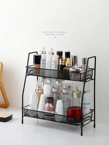 1 Pieza Estante De Almacenamiento De Escritorio, Caja De Almacenamiento De Cosméticos De Hierro De Doble Capa Para Baño, Cesta De Almacenamiento De Artículos De Tocador, Estante De Ducha, Organizador De Cosméticos De Tocador, Adecuado Para Loción, Crema, Crema Para Los Ojos, Sombra De Ojos, Lápiz Labial, Mascarilla, Suero, Productos De Baño, Etc., Adecuado Para Baño, Cocina, Sala De Estar, Estante De Almacenamiento Lateral Izquierdo De La Oficina, Estante De Almacenamiento De Escritorio Para Dormitorios De Estudiantes - Negro - Ver 9