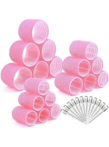 3.5/4.5/6公分直徑,30件套（18個自黏式捲髮器,12枝髮夾）,適用於自製髮型自緊式捲髮器套裝,美髮沙龍級別自製髮型捲髮器,不需加熱的捲髮器套裝 - 粉色 - 查看 11